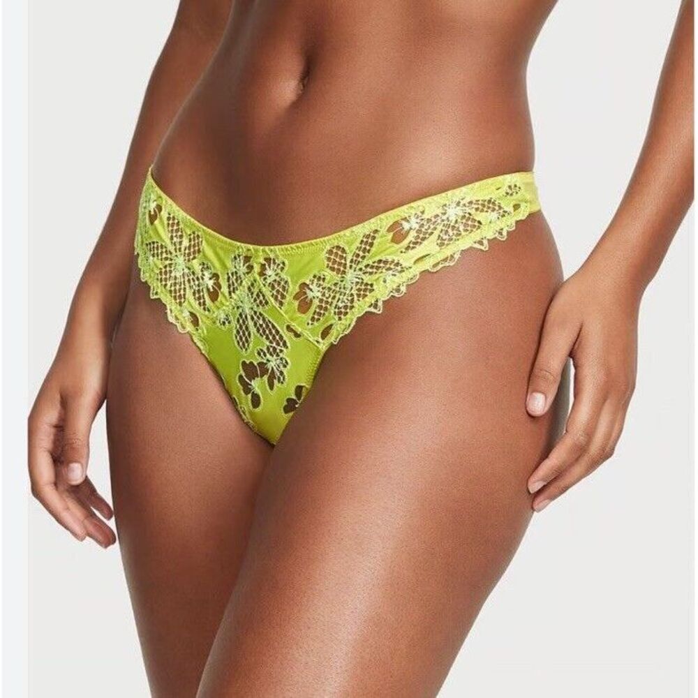 NWT Victoria's Secret Satin Ziggy Glam Floral Embroidery Thong Sz S - Limelight
